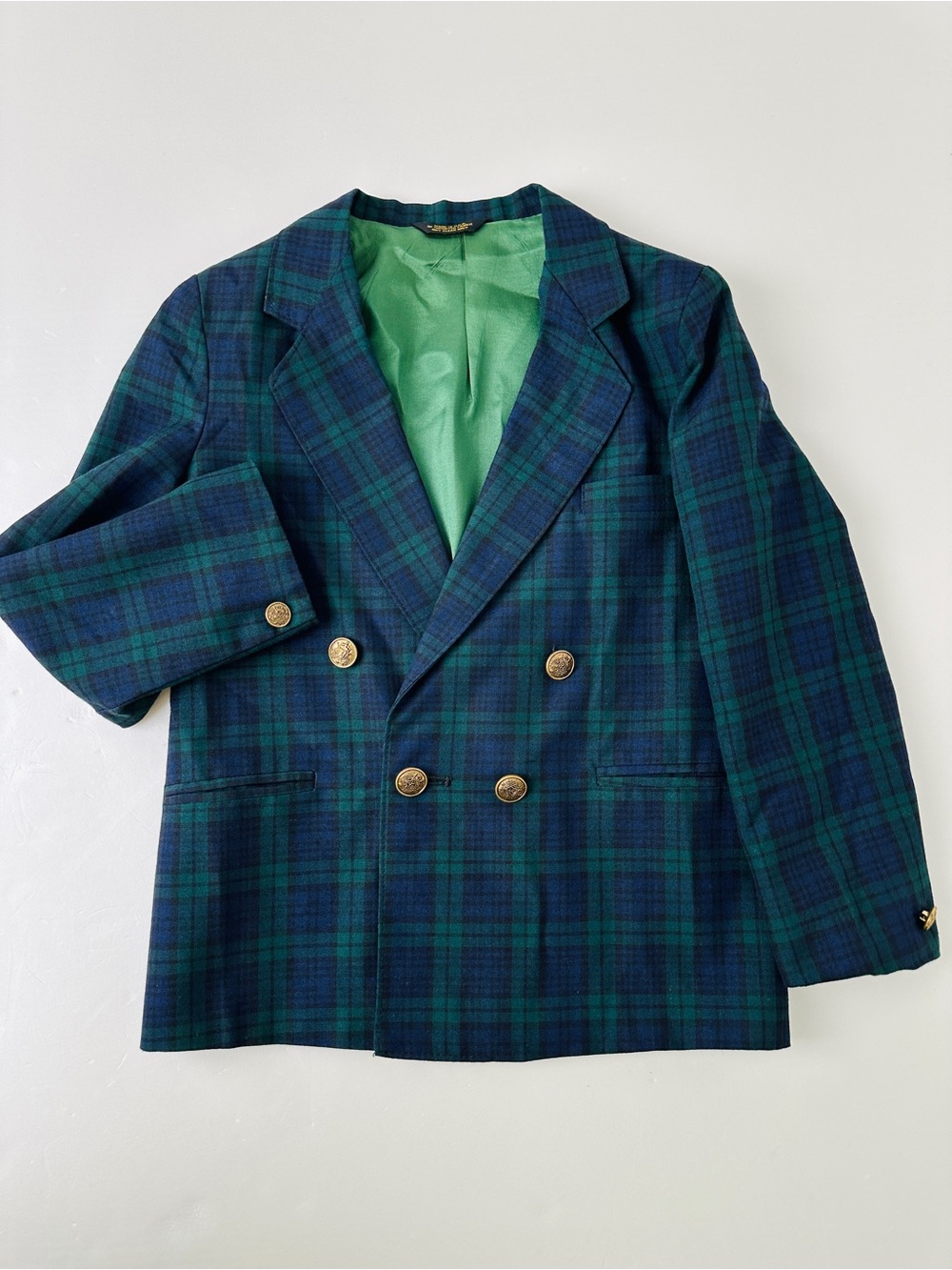 Vintage Made in USA Boys Black Watch Plaid Double Breasted Blazer Size 6
